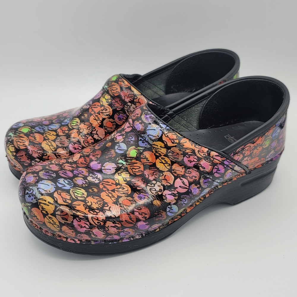 Dansko Viola Multicolor Dot/Cursive Slip On Nurse Clogs Women EU 40 US 9.5 - 10 - Picture 2 of 11